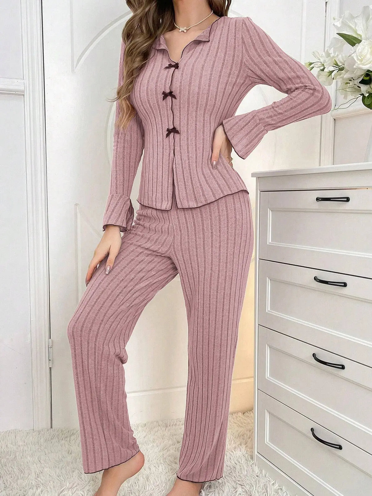 Women's Bow Front Ribbed Long Sleeve Pajama Set with Top and Pants