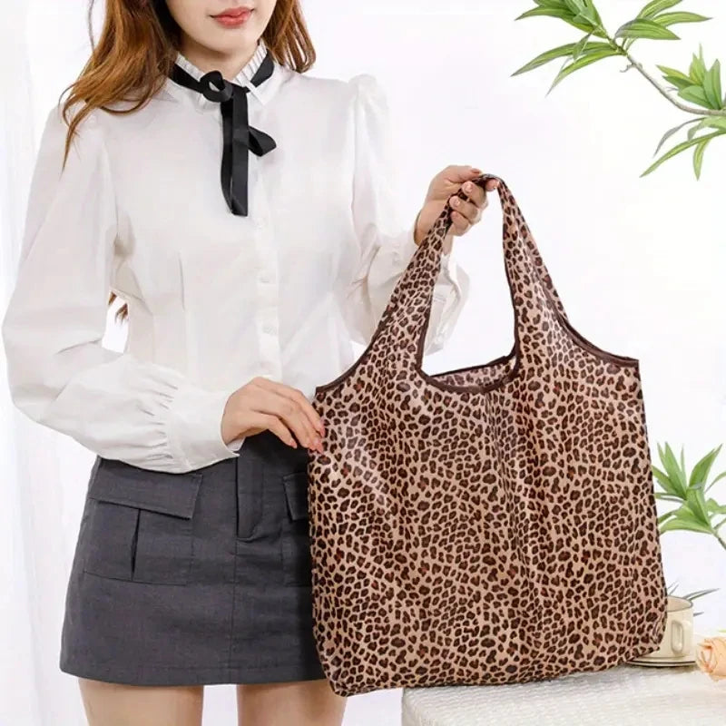 Leopard Print Foldable Tote Bag with Wide Shoulder Handles