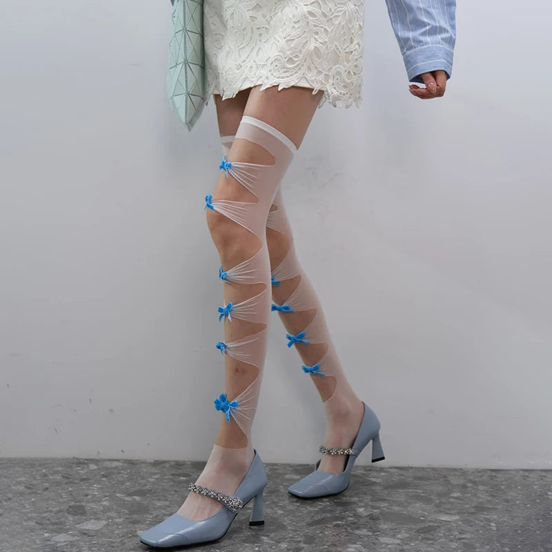Sheer Lace Up Stockings with Decorative Ribbon Bow Details