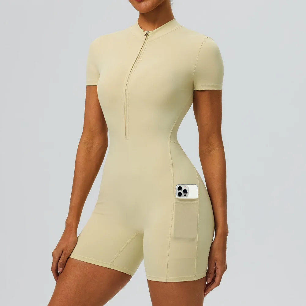 Women's Short Sleeve Zip Front Workout Romper with Open Back