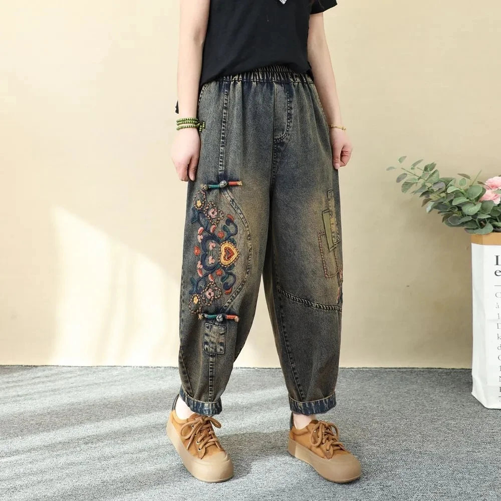 Women's Cotton Embroidered High-Waist Loose Ankle-Length Jeans with Elastic Waist for Outfits
