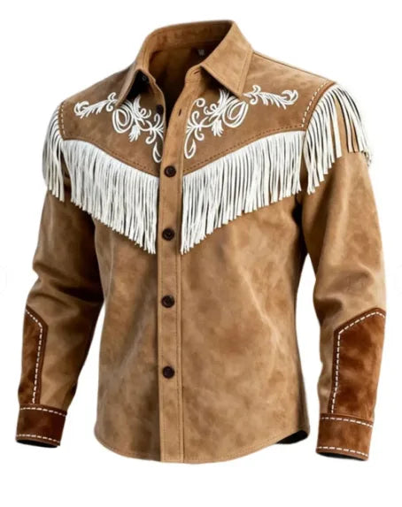 Men's Suede-Look Fringed Button-Front Long-Sleeve Jacket
