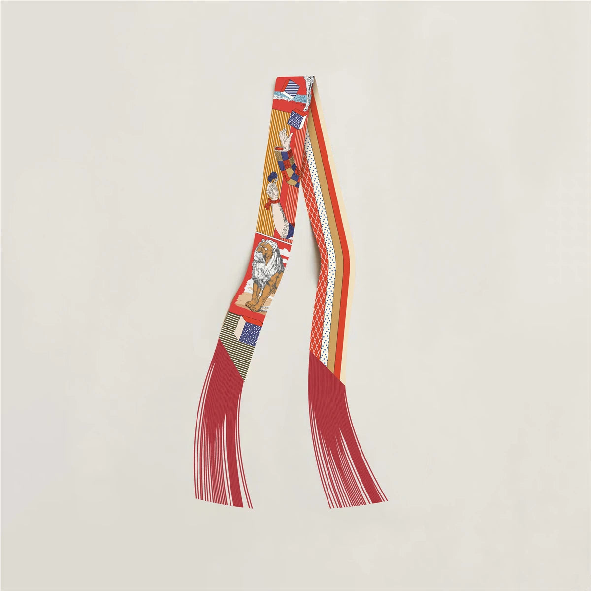 Printed Narrow Ribbon Scarf with Decorative Fringed Ends