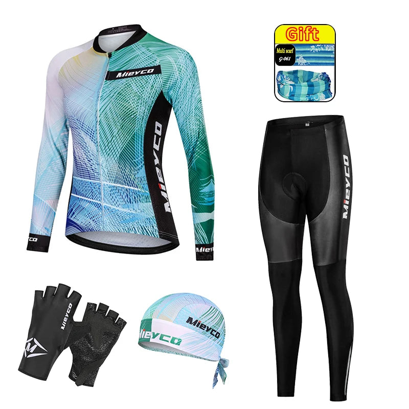 Women Long Sleeve Cycling Jersey Set MTB Bike Pants Kit Breathable Sportswear