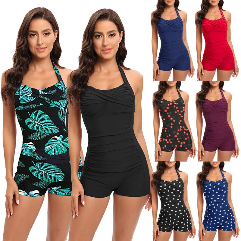Women's Halter Neck Ruched Front Boyleg One Piece Swimsuit