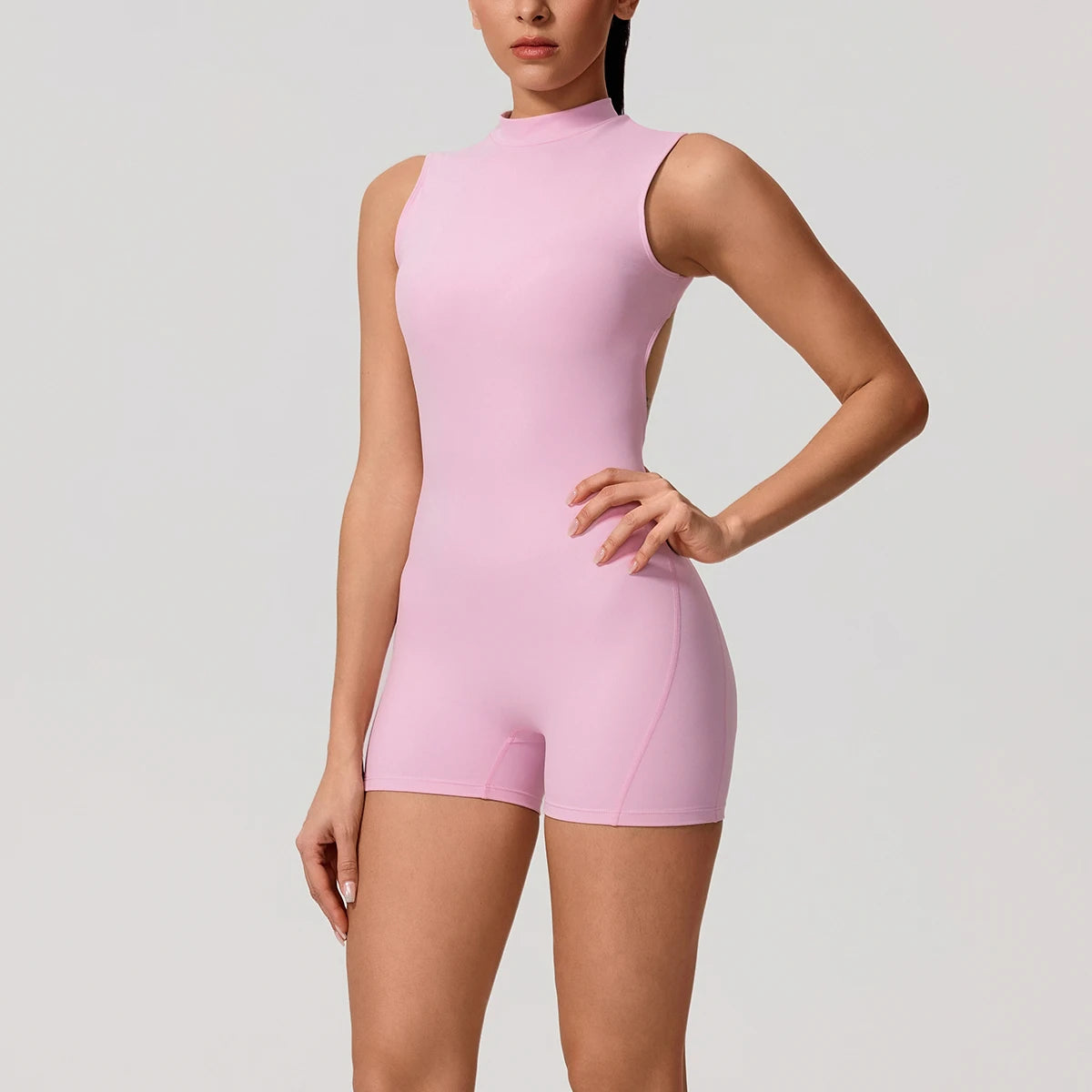 Women's High Neck Nylon Blend Workout Romper with Oval Back Cutout
