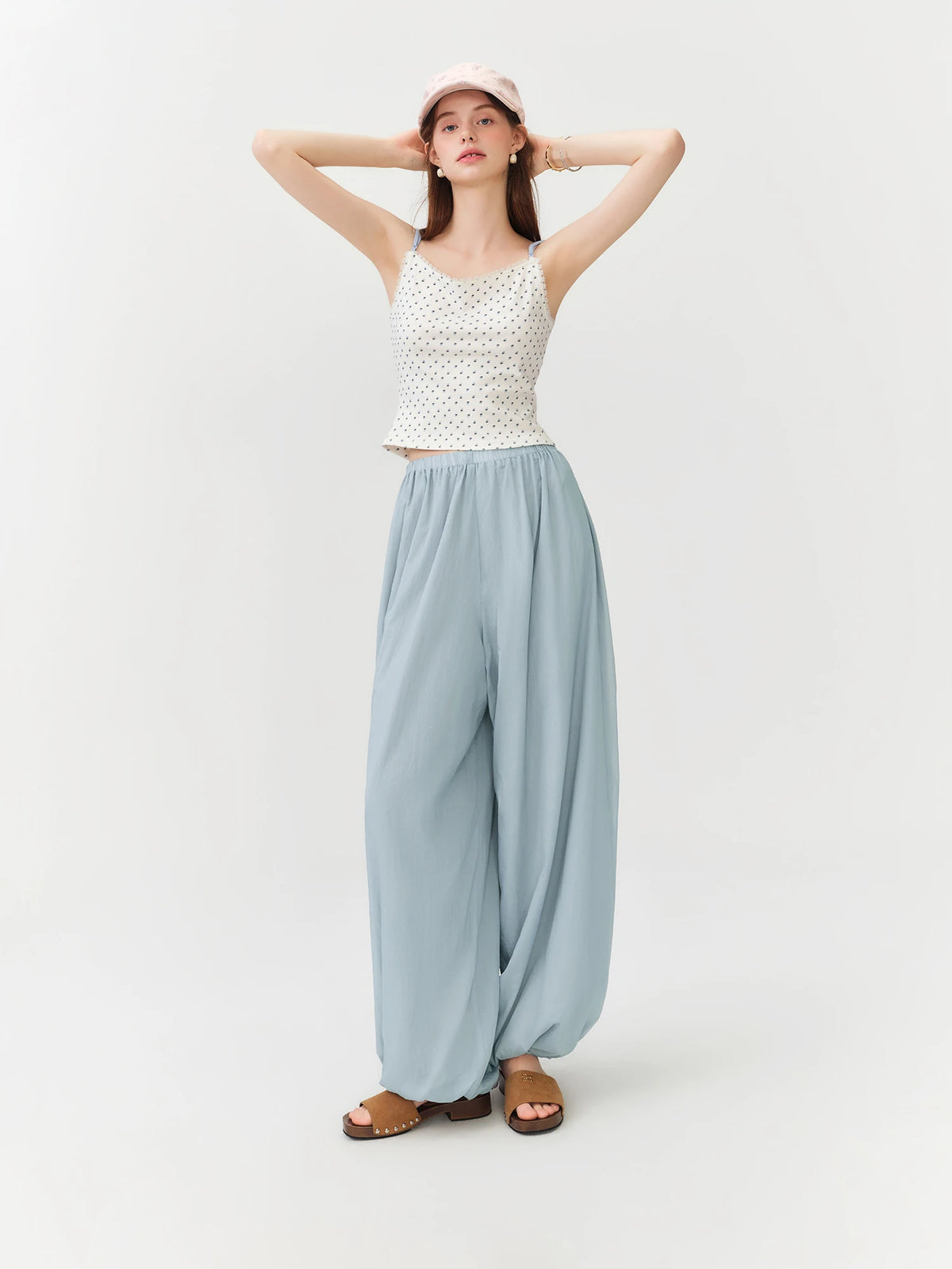Women's Blue Balloon Pants with Elastic Waist and Tapered Legs