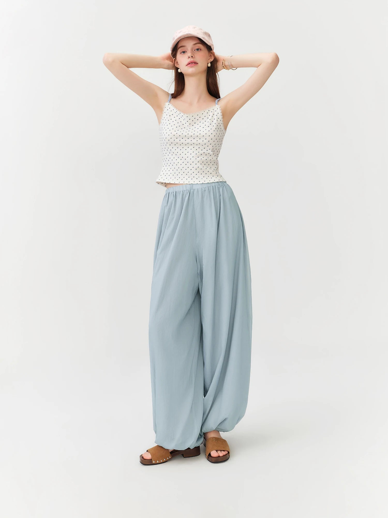 Women's Blue Balloon Pants with Elastic Waist and Tapered Legs