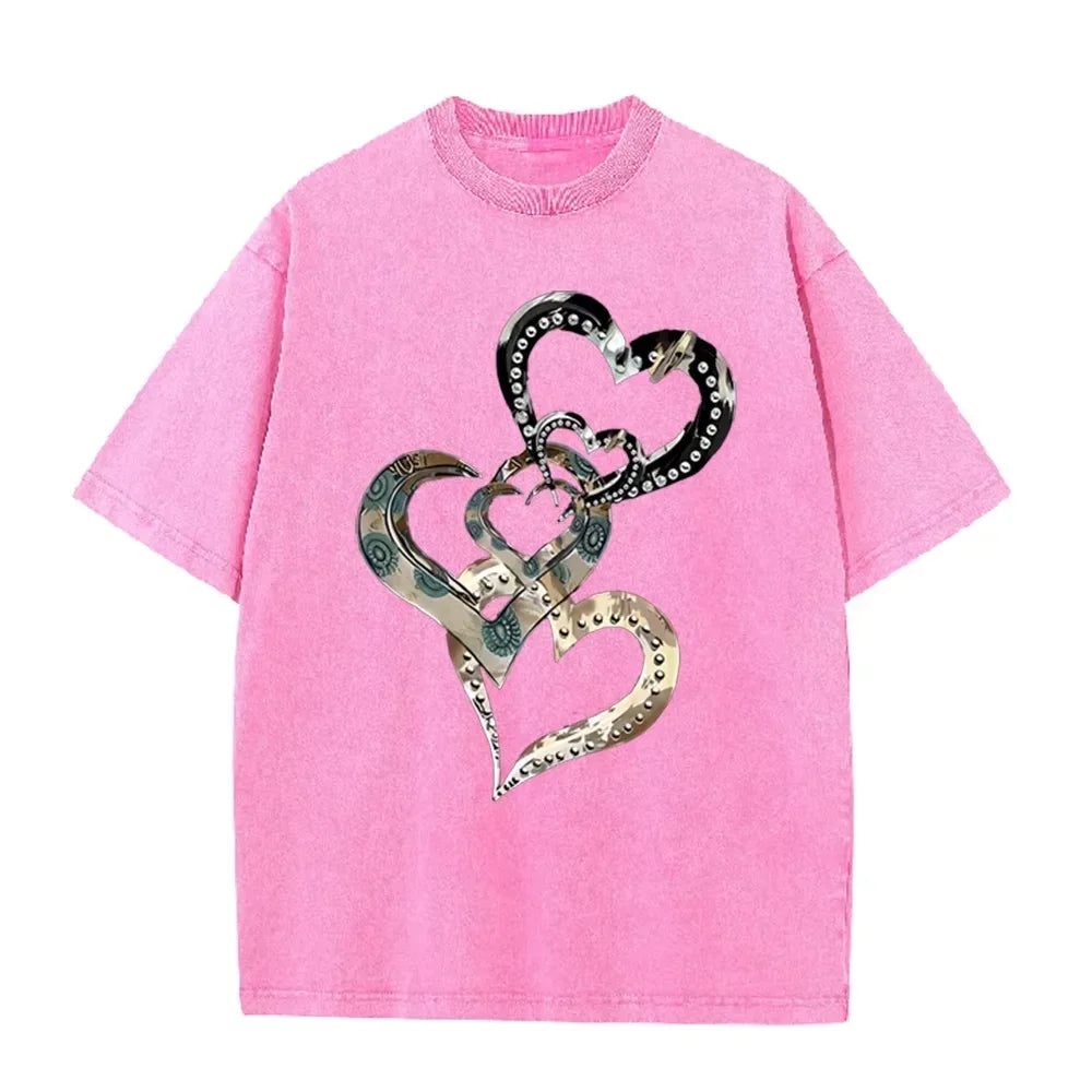 Retro Acid Wash Oversized T-shirt Metallic Multi Heart Print Punk Rivet Design Casual Street Tops