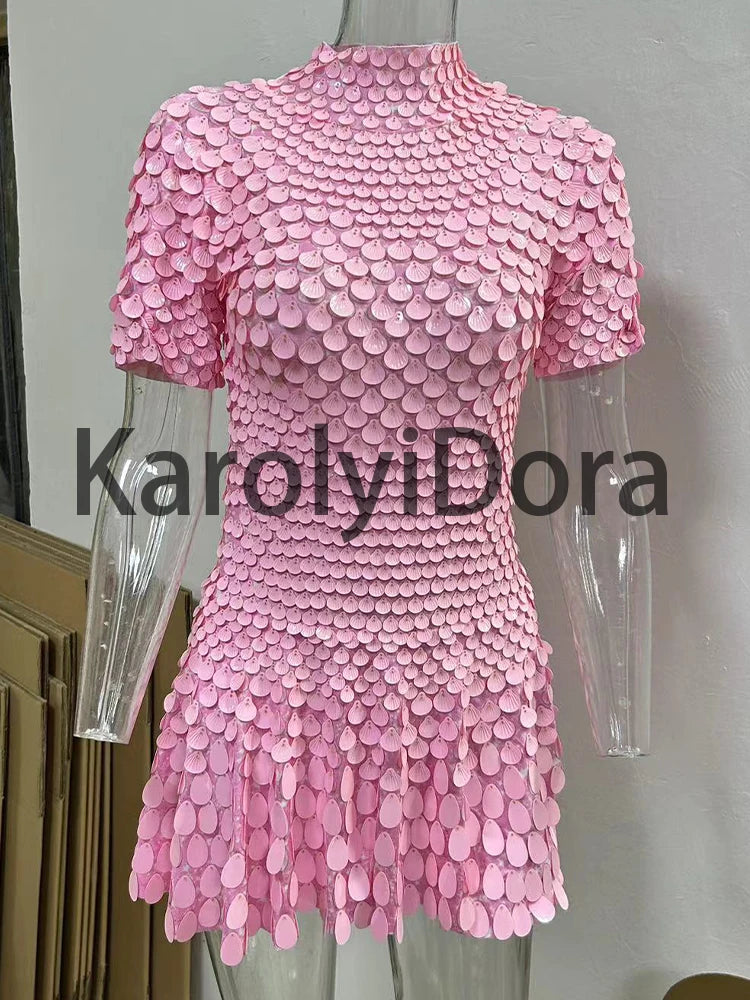 Women's Disc Sequin Mini Dance Dress with Short Sleeves and High Neck