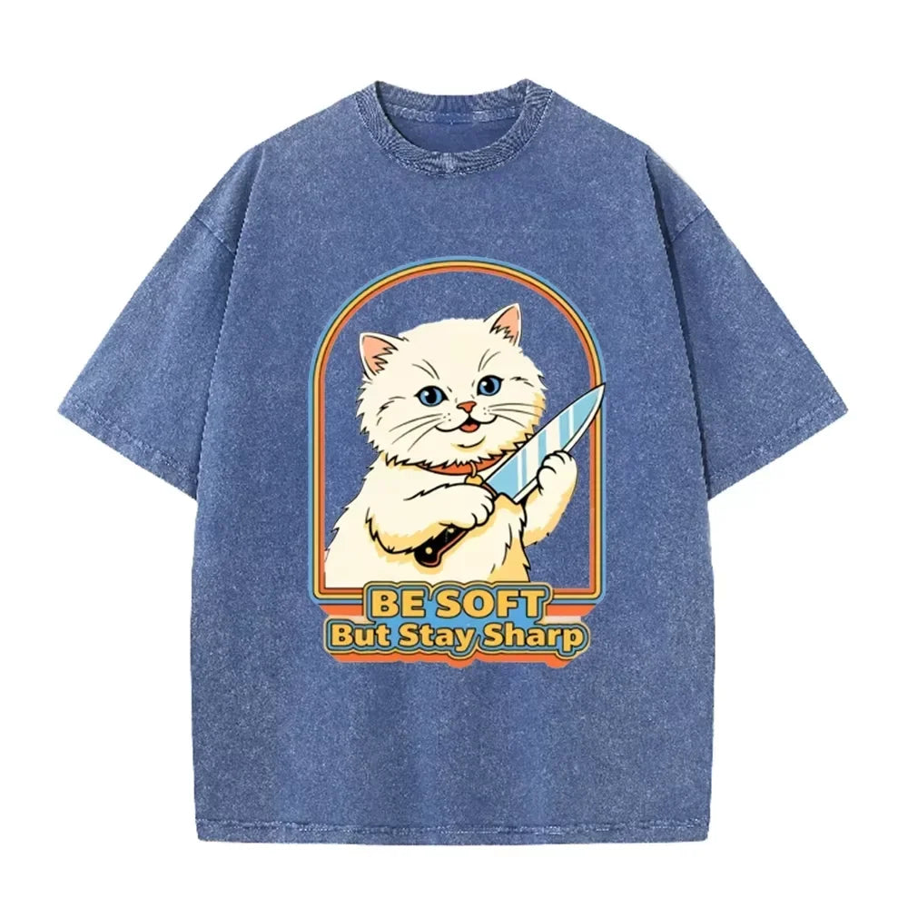Vintage Washed Purple  Be Soft But Stay Sharp Knife Cat Retro Casual Graphic T Shirt