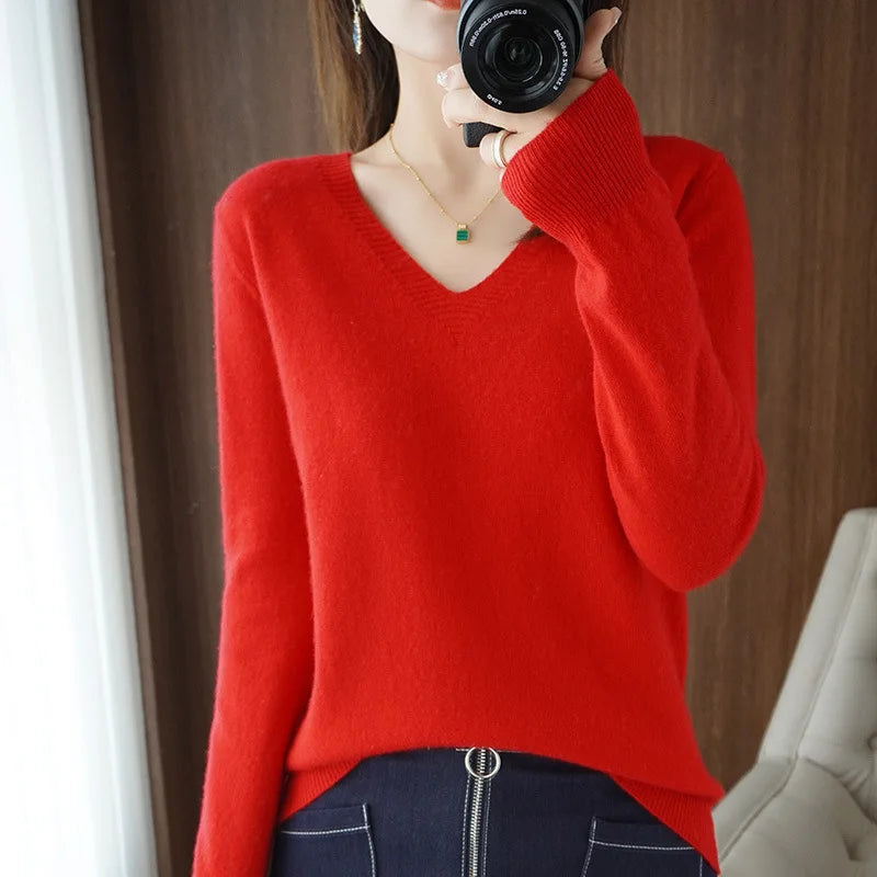 Women's V Neck Long Sleeve Sweater Casual Knit Layer