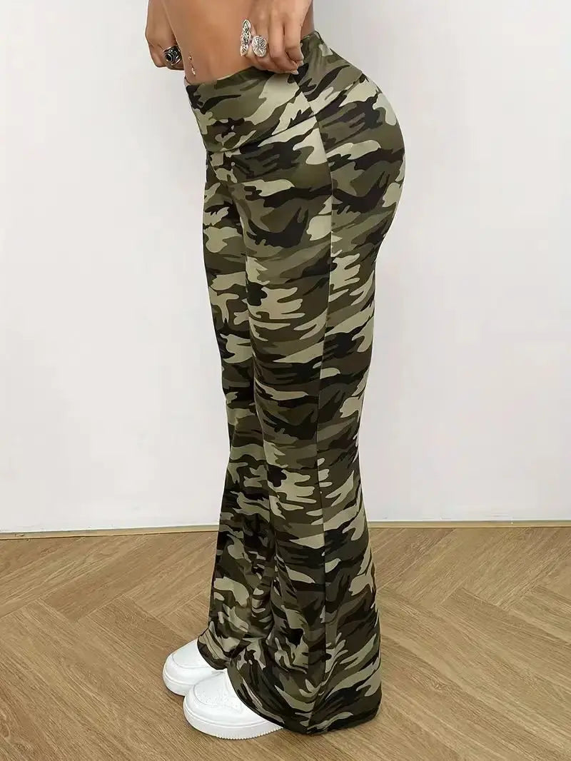 Women's High Waist Camouflage Polyester Flared Pants for Casual Activewear Outfits