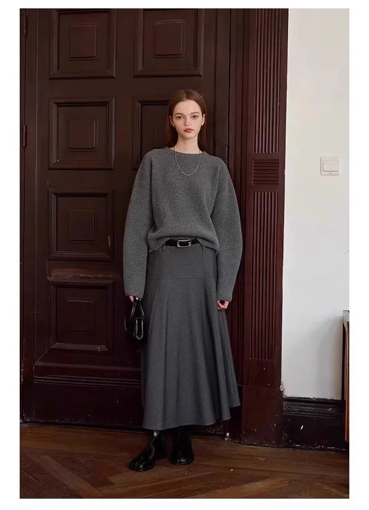 Vintage thick cashmere knitwear women's fall/winter loose shoulder crew neck sweater base sweater