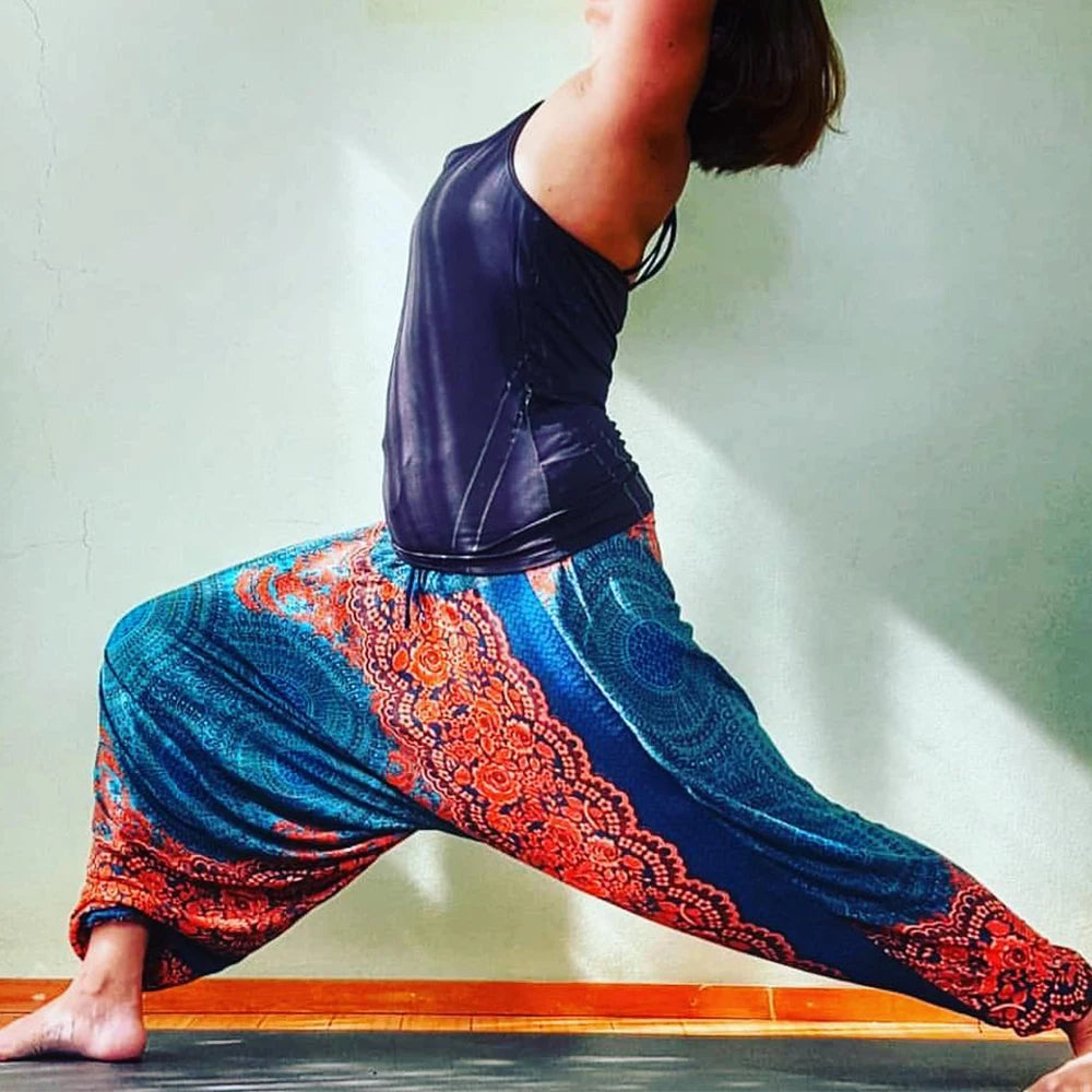 Women's Printed Rayon Harem Pants with Elastic Waist and Convertible Styling