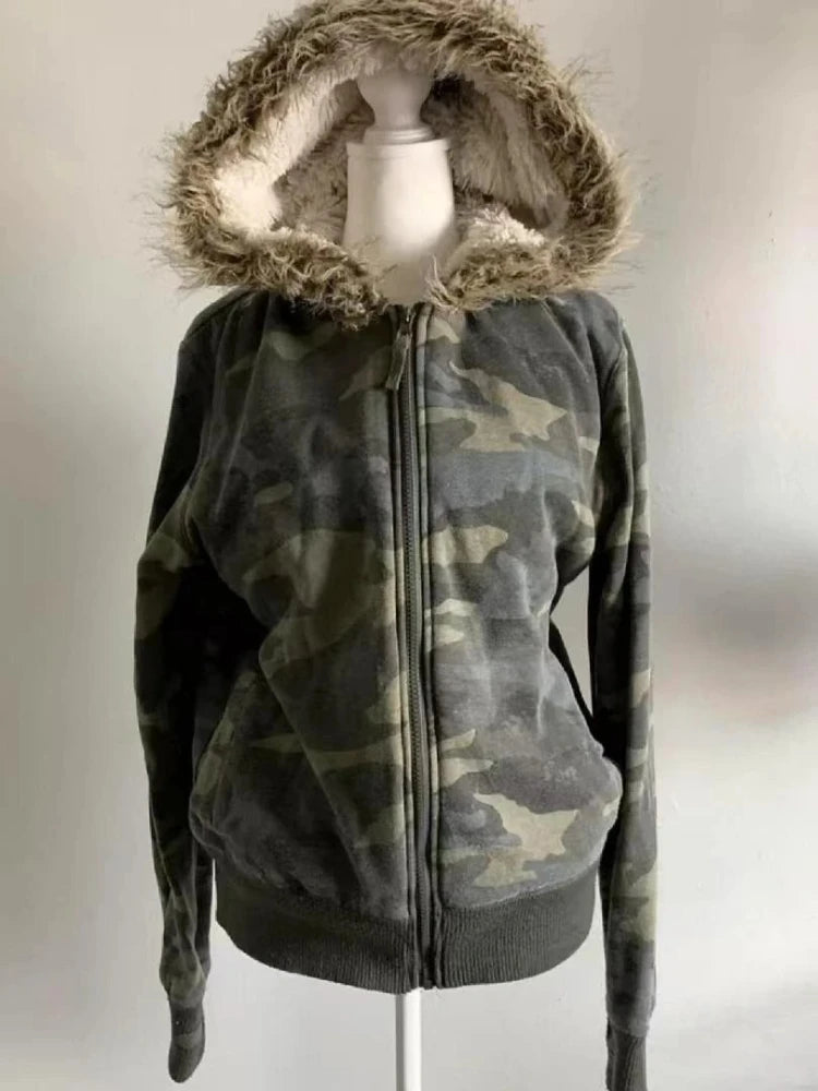 Fluffy Trim Long Sleeve Full Zip Casual Hoodie