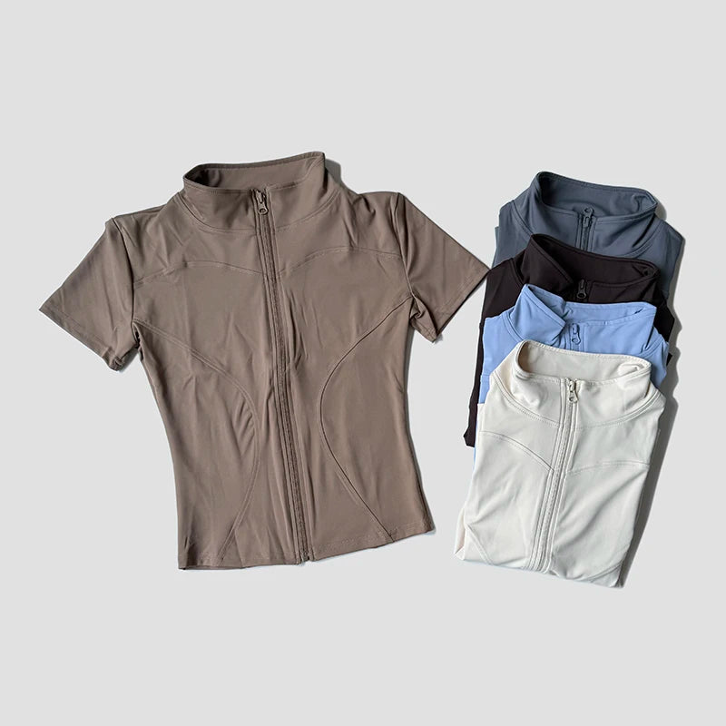 Women’s Slim Fit Short Sleeve Yoga Top with Stand Collar Zip Front