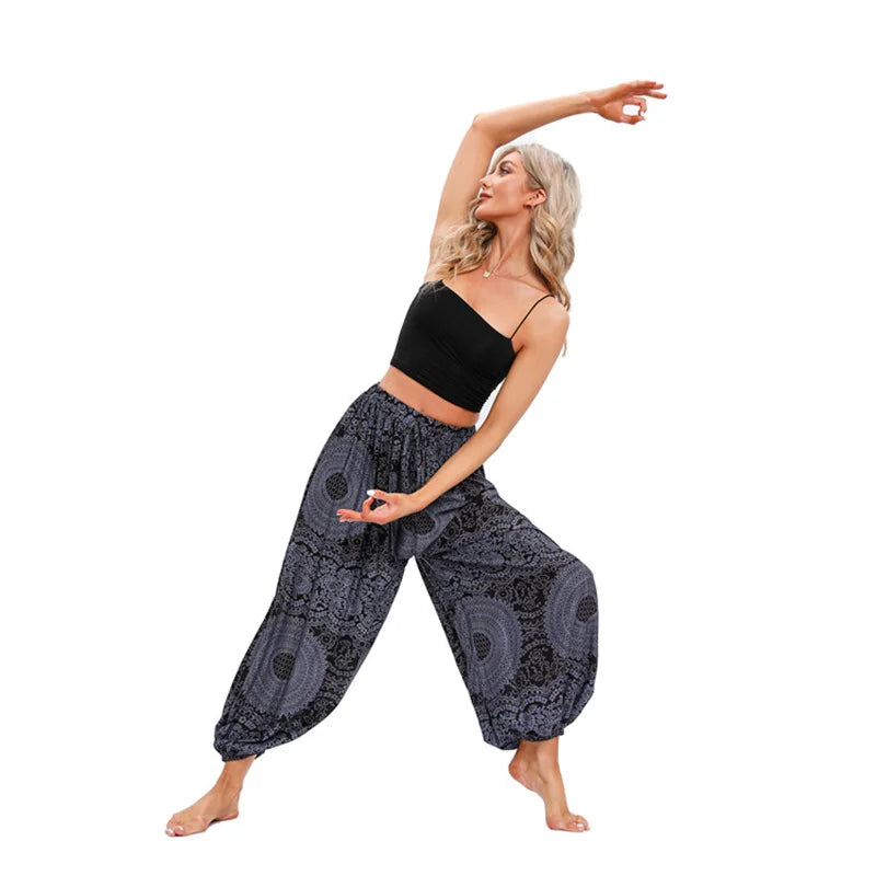 Women's Printed Rayon Harem Pants with Elastic Waist and Loose Gathered Legs
