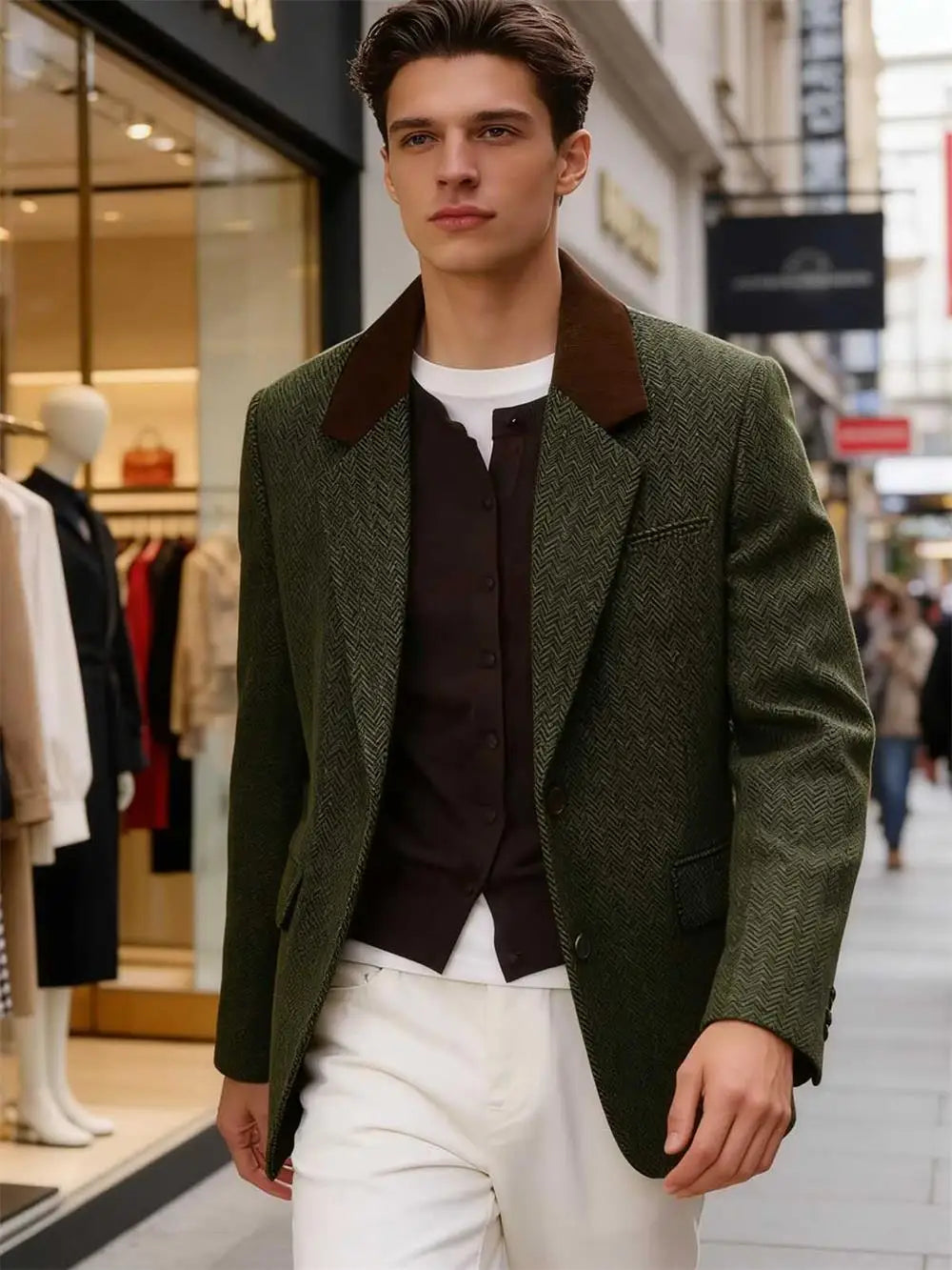 Men's Herringbone Two-Button Notch-Lapel Blazer with Contrast Collar