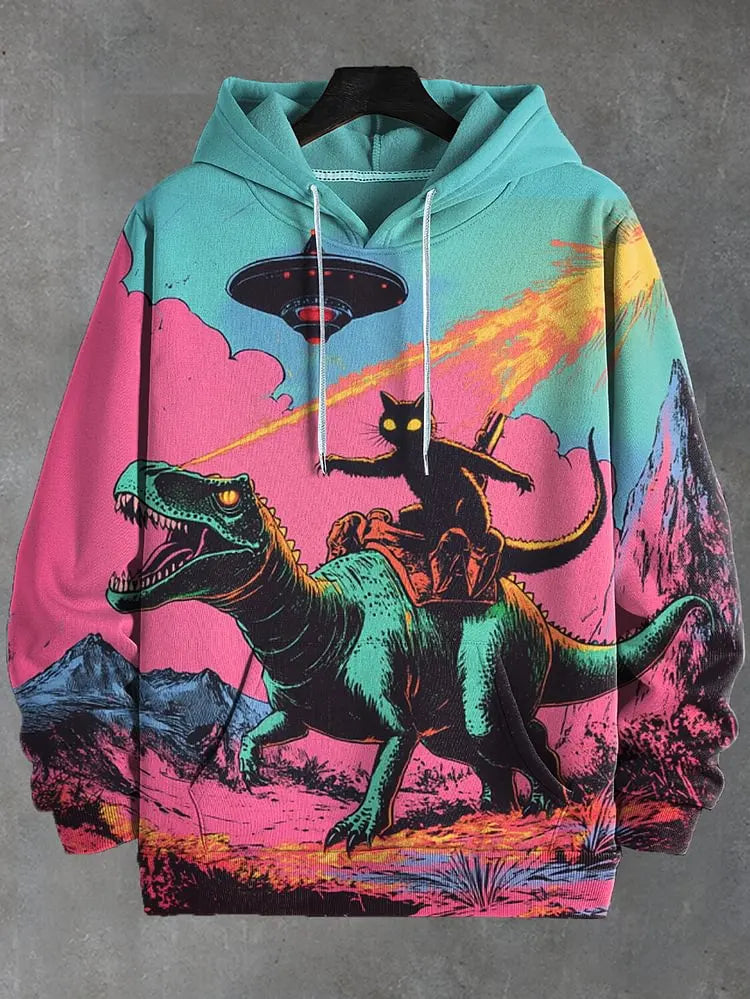 Cat Dinosaur and UFO Graphic Long-Sleeve Pullover Hoodie