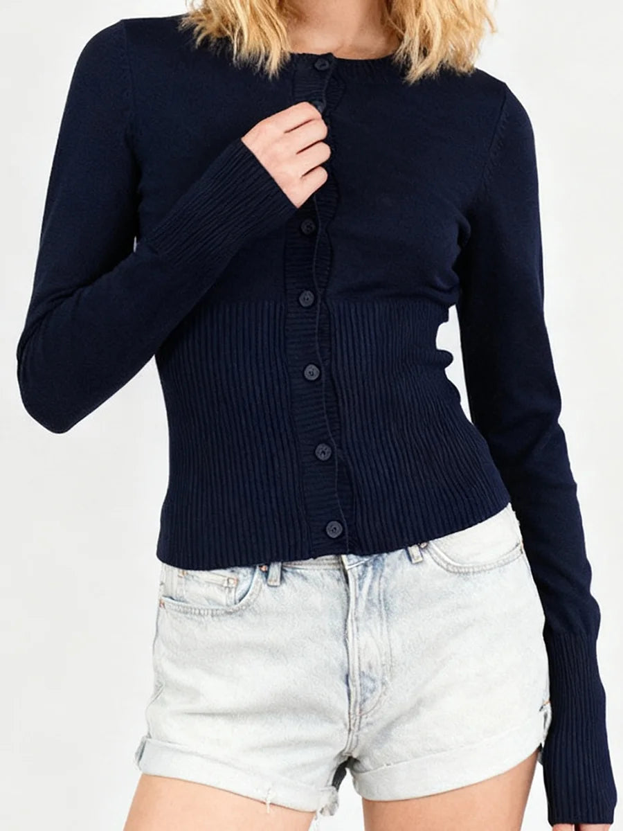 Women's Crew Neck Button Front Cardigan Casual Knit Layer