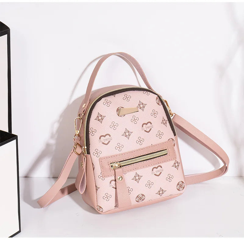Printed Mini Backpack with Front Zipper Pocket and Multiple Carry Options
