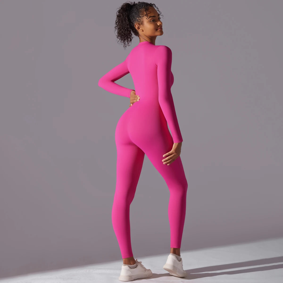 Women's Long Sleeve Nylon Blend Workout Jumpsuit with Round Neck