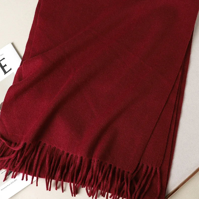 Solid Long Rectangular Scarf with Decorative Fringe Trim