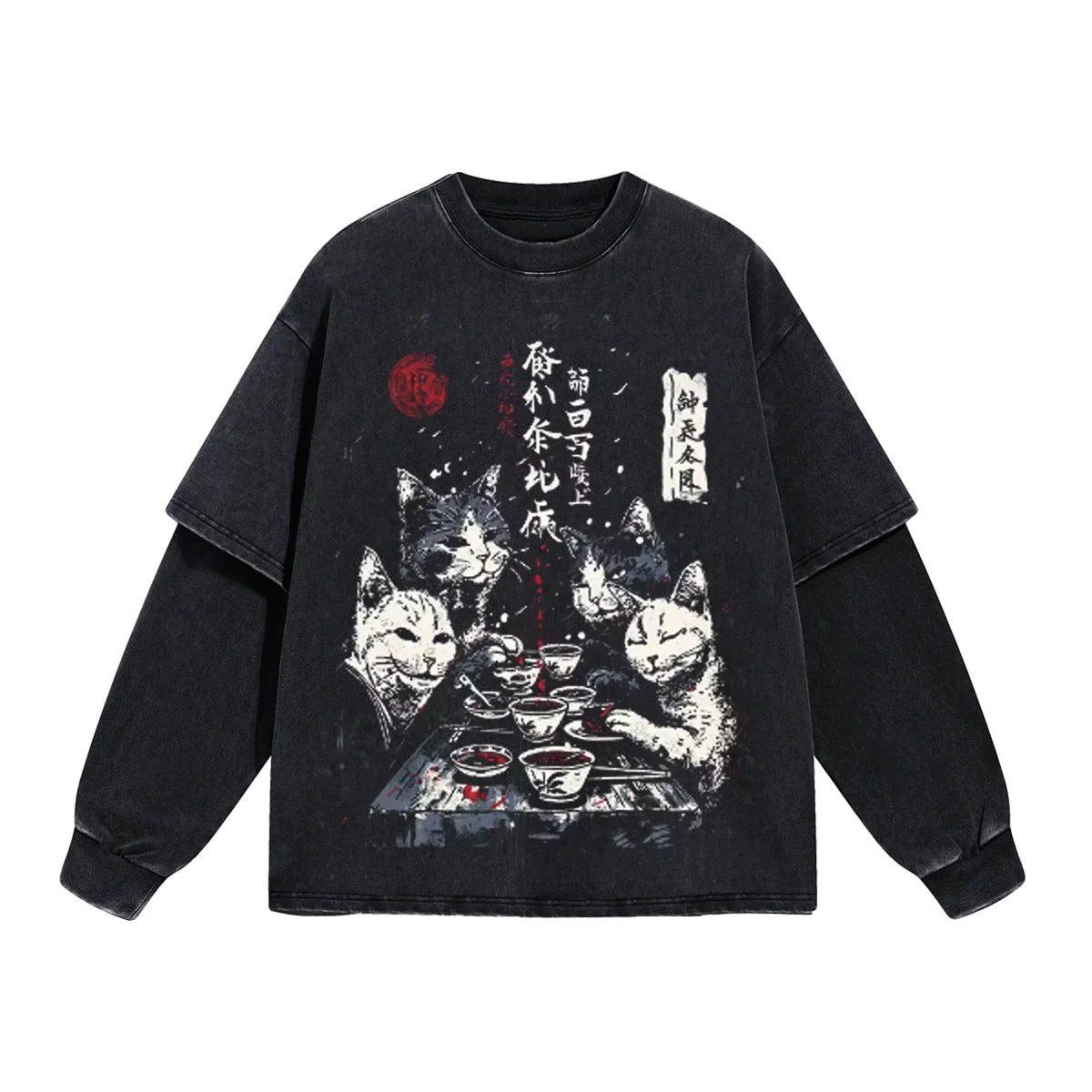 Japanese Cat Cartoon Graphic Baggy T-Shirt Men Streetwear