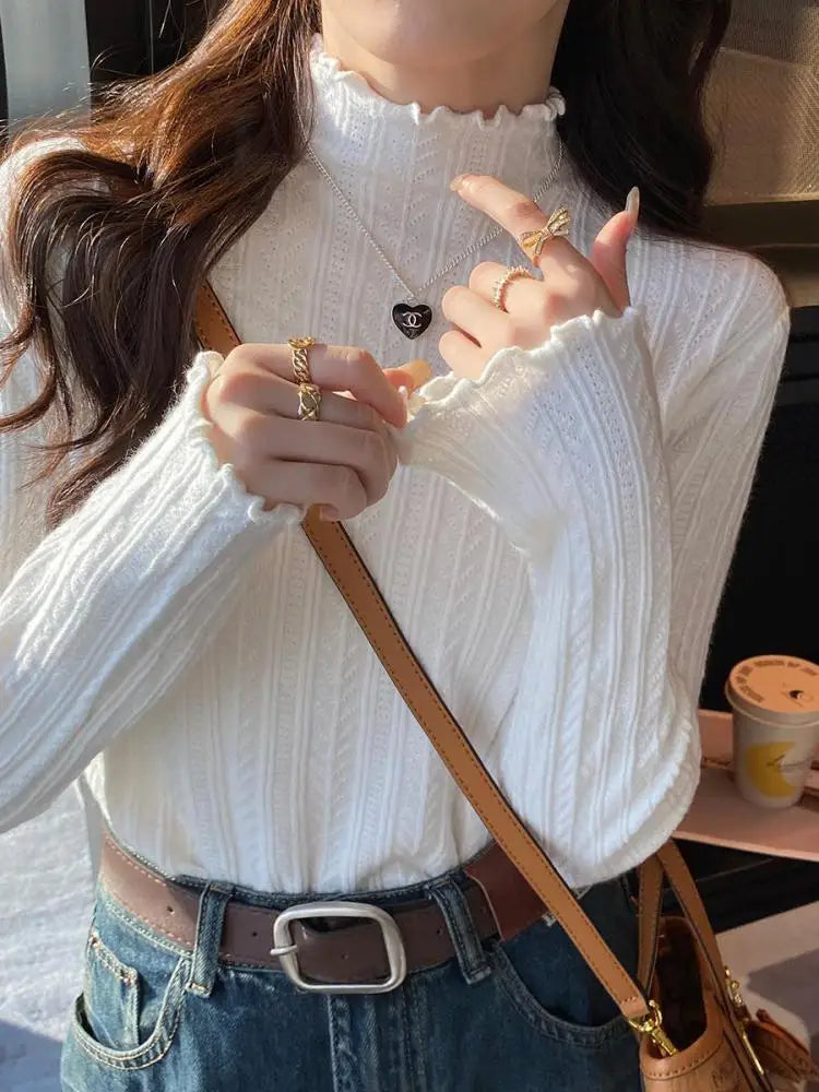 Women's Lettuce Trim Mock Neck Ribbed Sweater Casual Knit Layer
