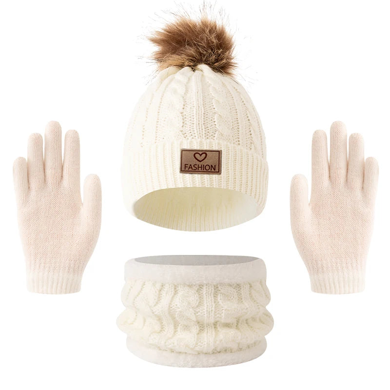 Children's Knitted Hat Neck Warmer and Gloves Set for Winter Wear