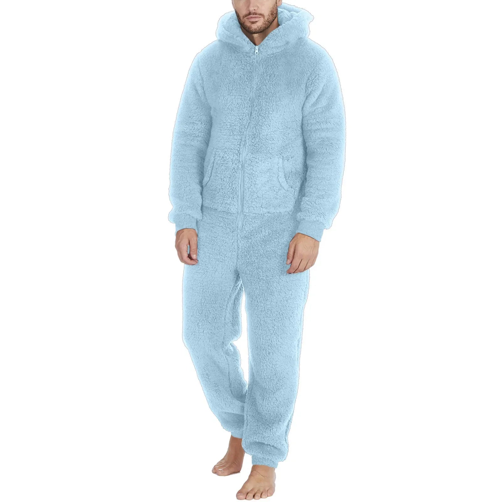 Men's Hooded Zip Front Long Sleeve Plush Pajama Jumpsuit