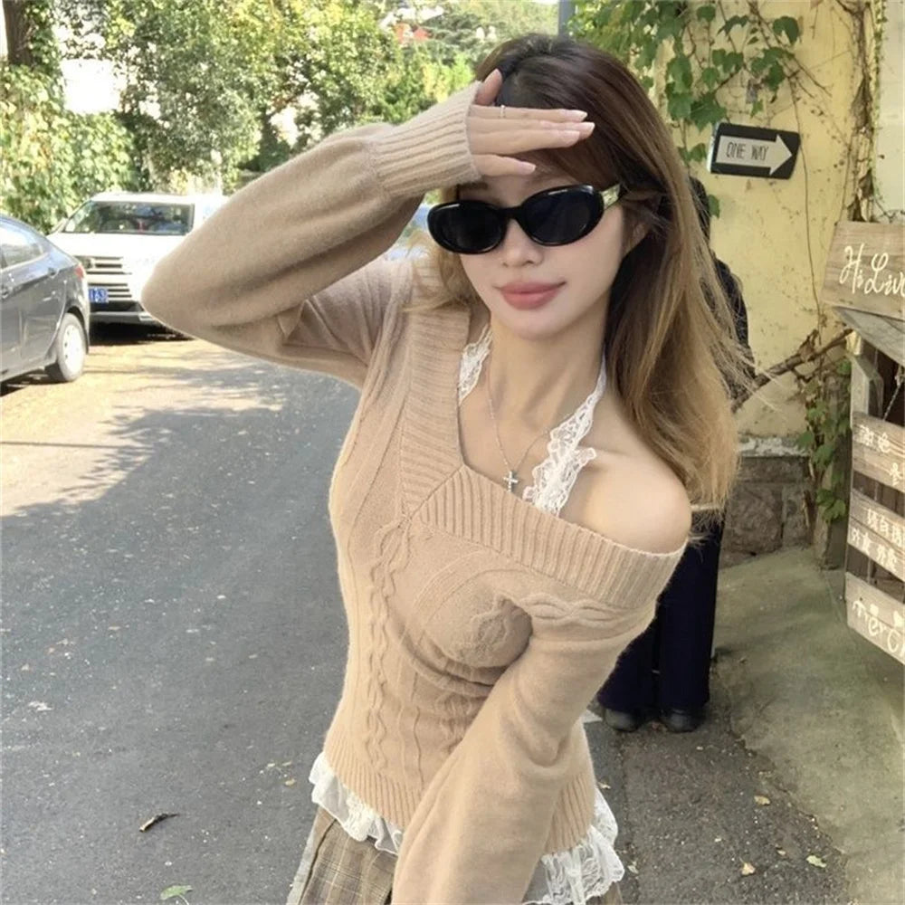 Women's Off Shoulder Cable Knit Sweater Casual Knit Layer