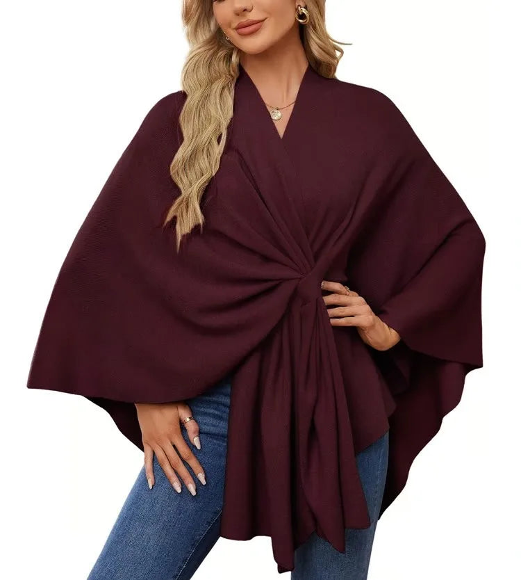 Ribbed Open Front Drape Poncho for Layering over Outfits