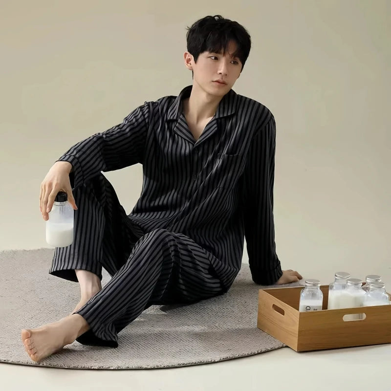 Men's Printed Button Front Long Sleeve Shirt and Pants Pajama Set
