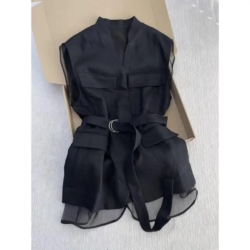 Women's Belted Sleeveless Vest with Sheer Hem Panels