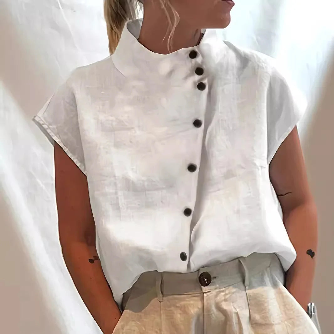 Women's Stand Collar Short Sleeve Button Front Shirt