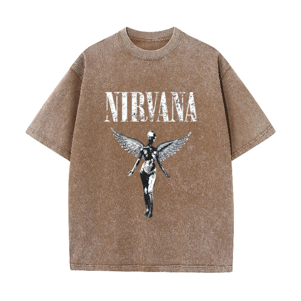 Vintage Distressed Washed Tee Nirvana Grunge Rock Silver Angel Skeleton Print Loose Fit Short Sleeve T Shirts