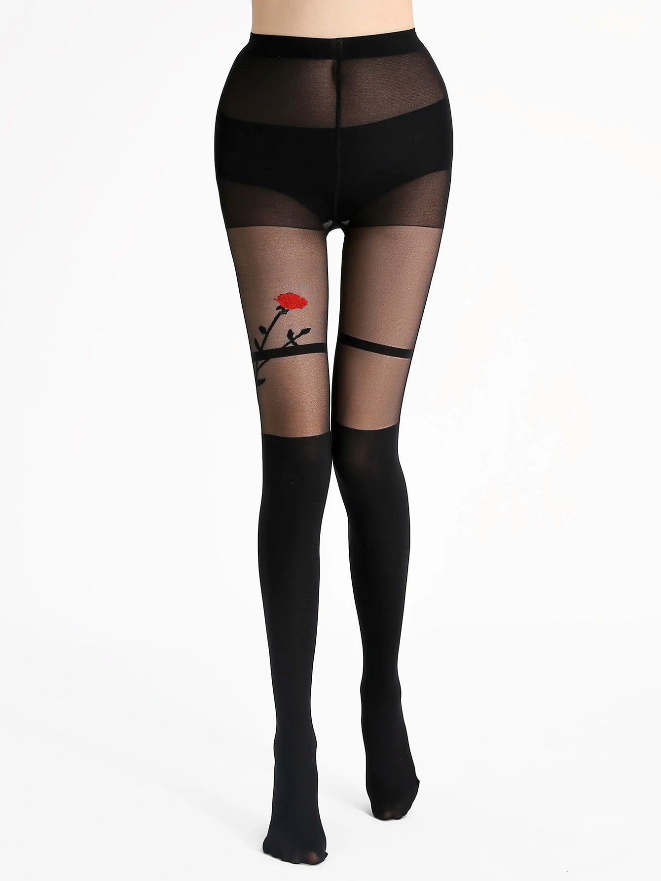 Sheer Full Length Tights with Rose and Thigh High Pattern