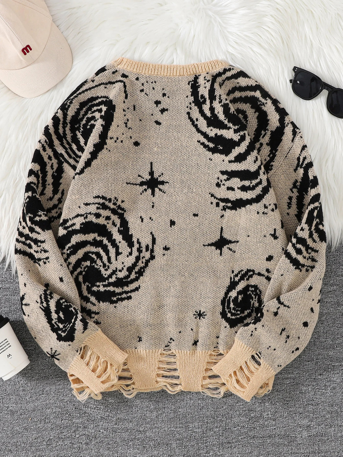 Men's Distressed Graphic Crew Neck Knit Sweater