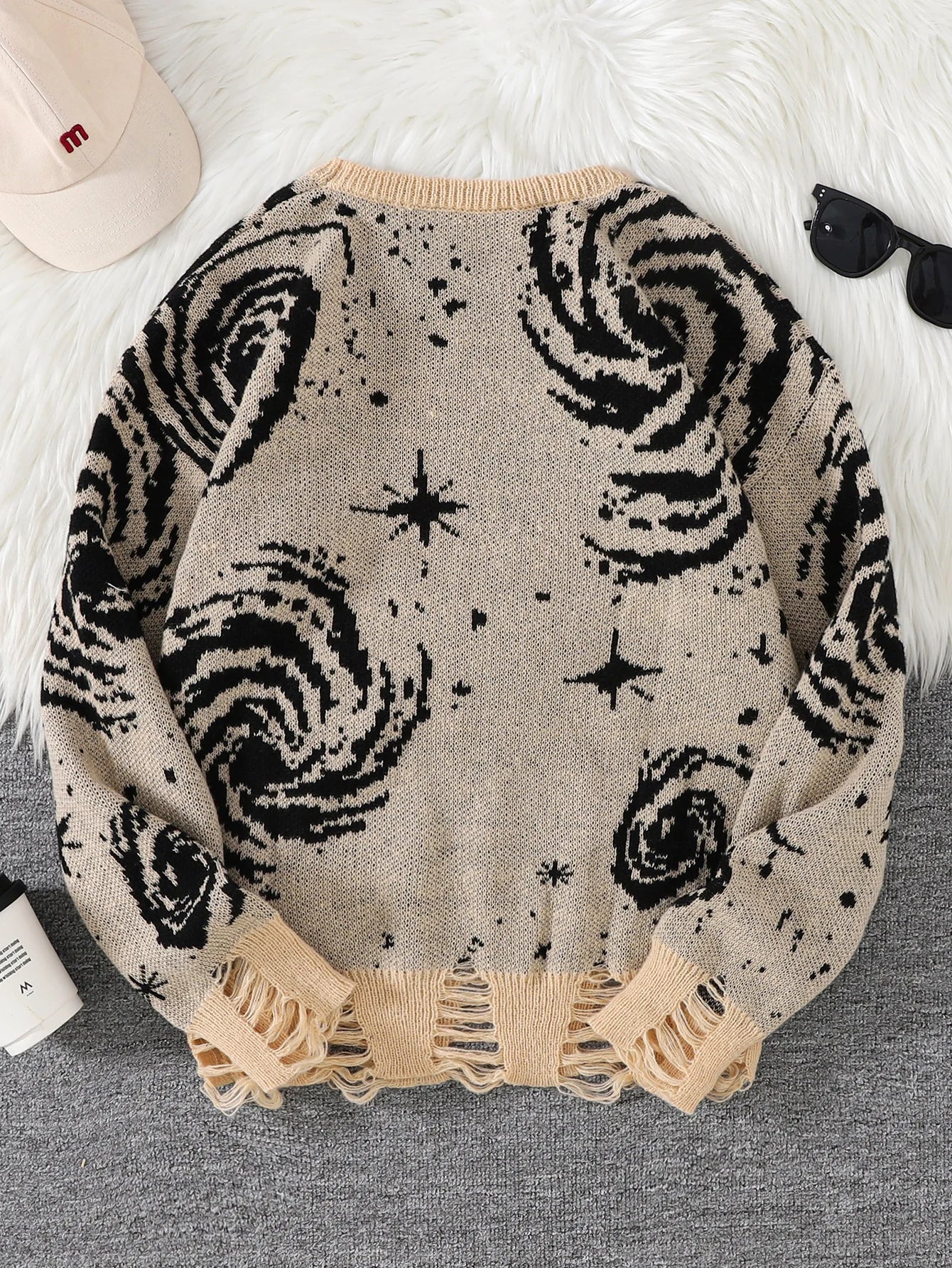 Men's Distressed Graphic Crew Neck Knit Sweater