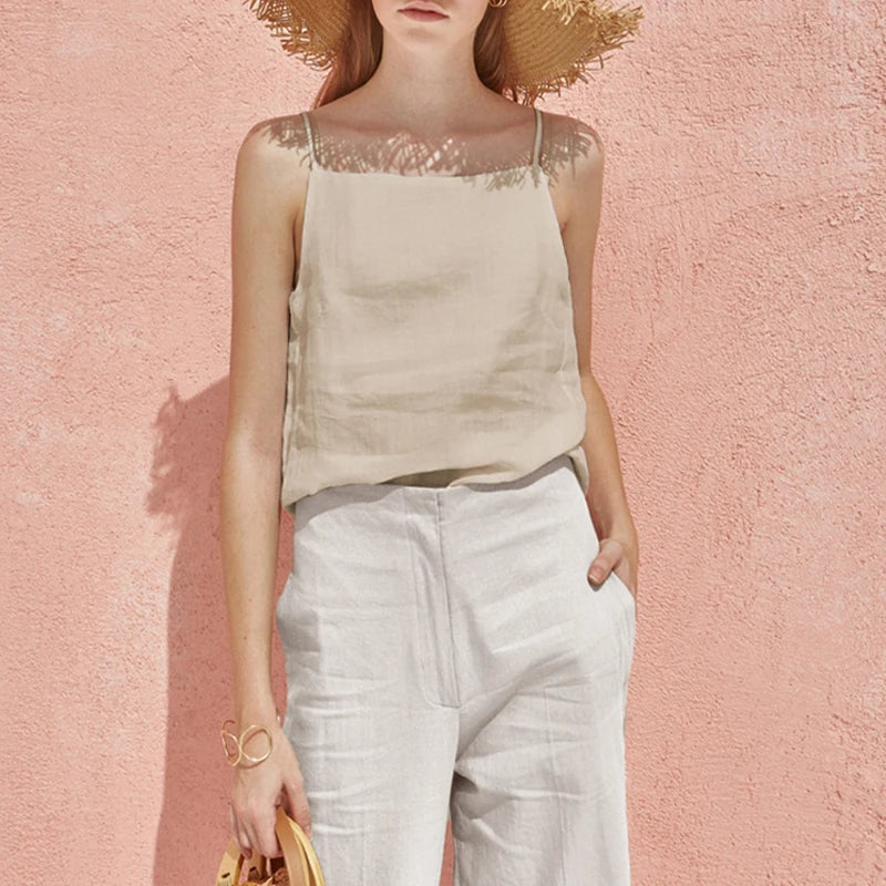 Women's Cotton-Linen Sleeveless Square-Neck Camisole Top with Straps for Casual Summer Outfits