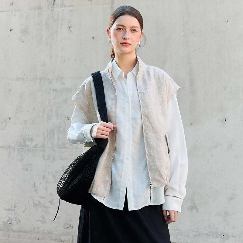 Women's Linen Sleeveless Collared Zip-Up Vest with Pockets for Casual Layered Outfits