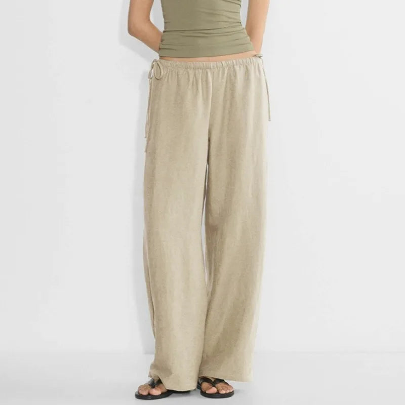 Women's Linen-Viscose Loose Straight-Leg Full-Length Pants with Drawstring Waist and Side Pockets