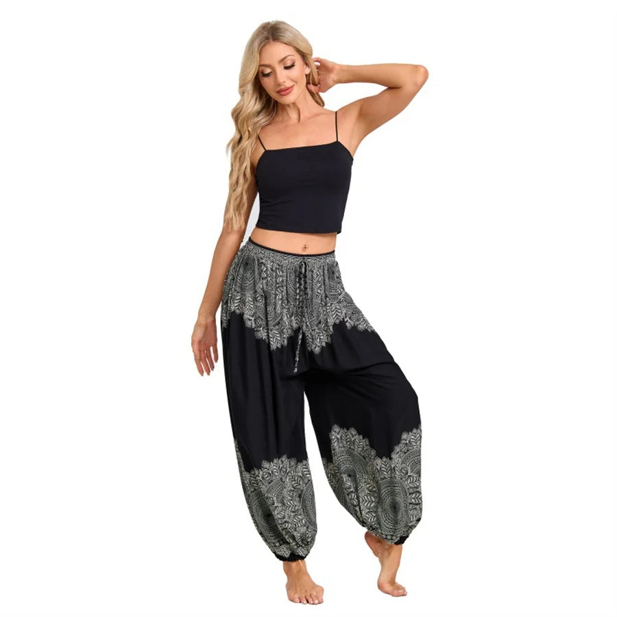 Women's Printed Rayon Harem Pants with Elastic Waist and Loose Gathered Legs