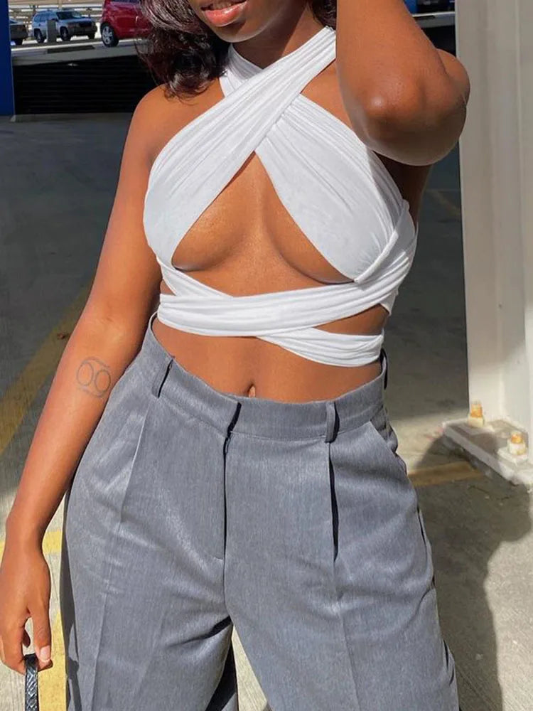 Women's Cross Halter Cotton Blend Crop Top with Wrap Ties and Open Back
