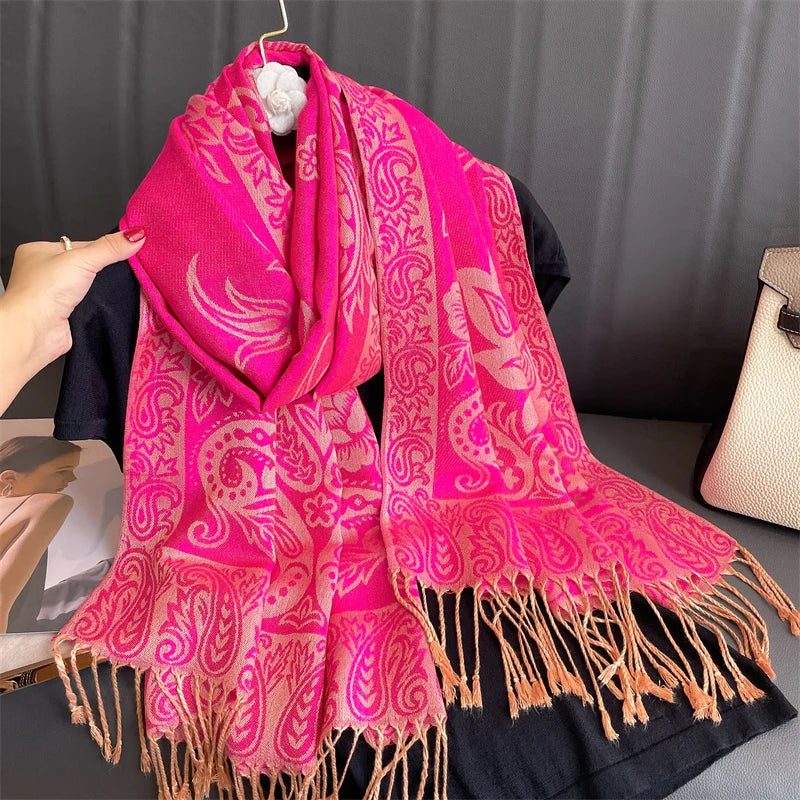 Paisley Floral Print Long Scarf with Fringed Ends