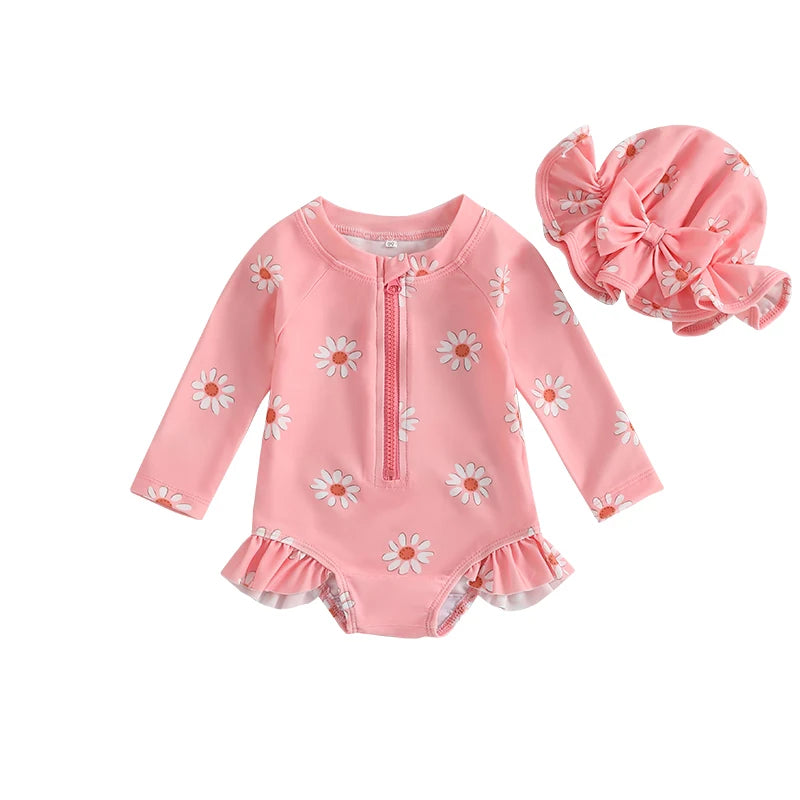Baby Girls' Floral Long Sleeve Zip-Front Swimsuit with Hat