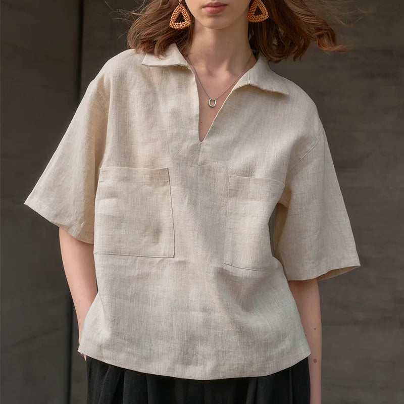 Women's Linen Loose V-Neck Short-Sleeve Pullover Shirt with Large Front Patch Pockets