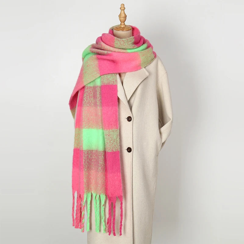 Multicolor Plaid Scarf with Long Shape and Fringed Ends